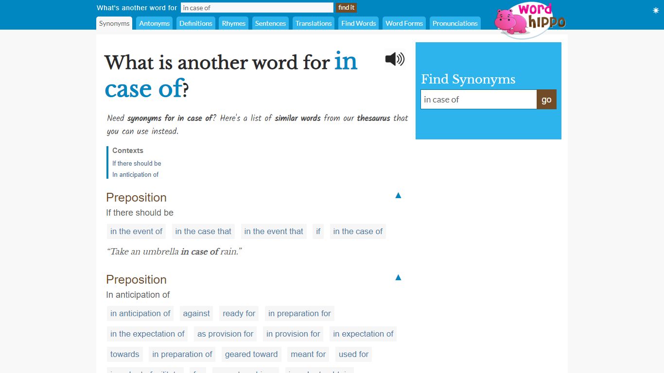 What is another word for "in case of"? - WordHippo